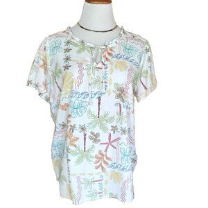 St John's Bay Ruffle Neck Top L Tropical Stitch Print Multicolor Short Sleeves